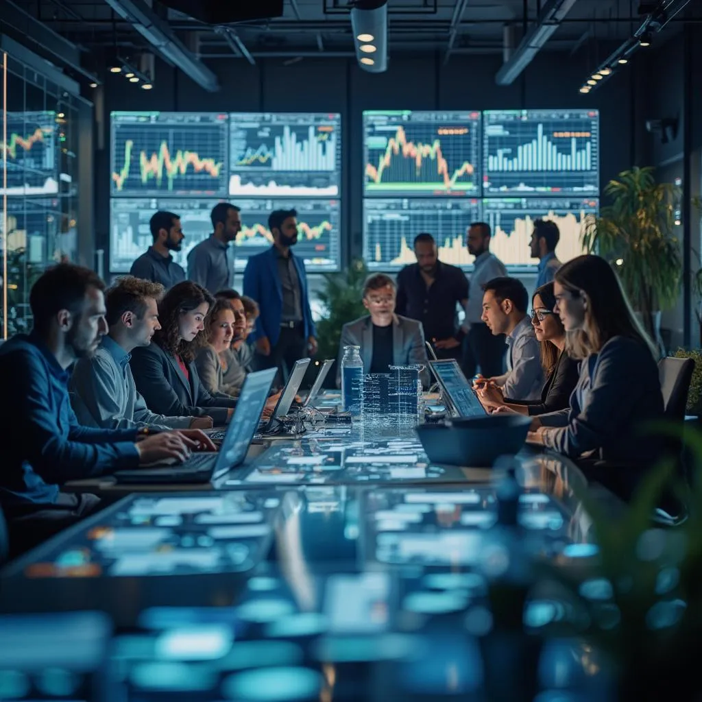 Équipe FinanceAI collaborant sur des solutions IA pour la finance