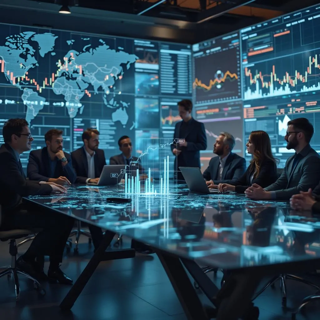 Équipe de spécialistes en IA et finance collaborant sur des solutions innovantes